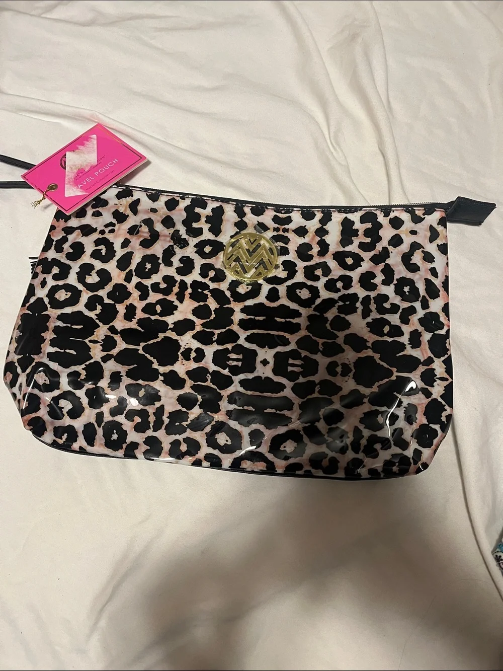 Pink Leopard Print Vinyl Cosmetic Pouch with Gold Logo